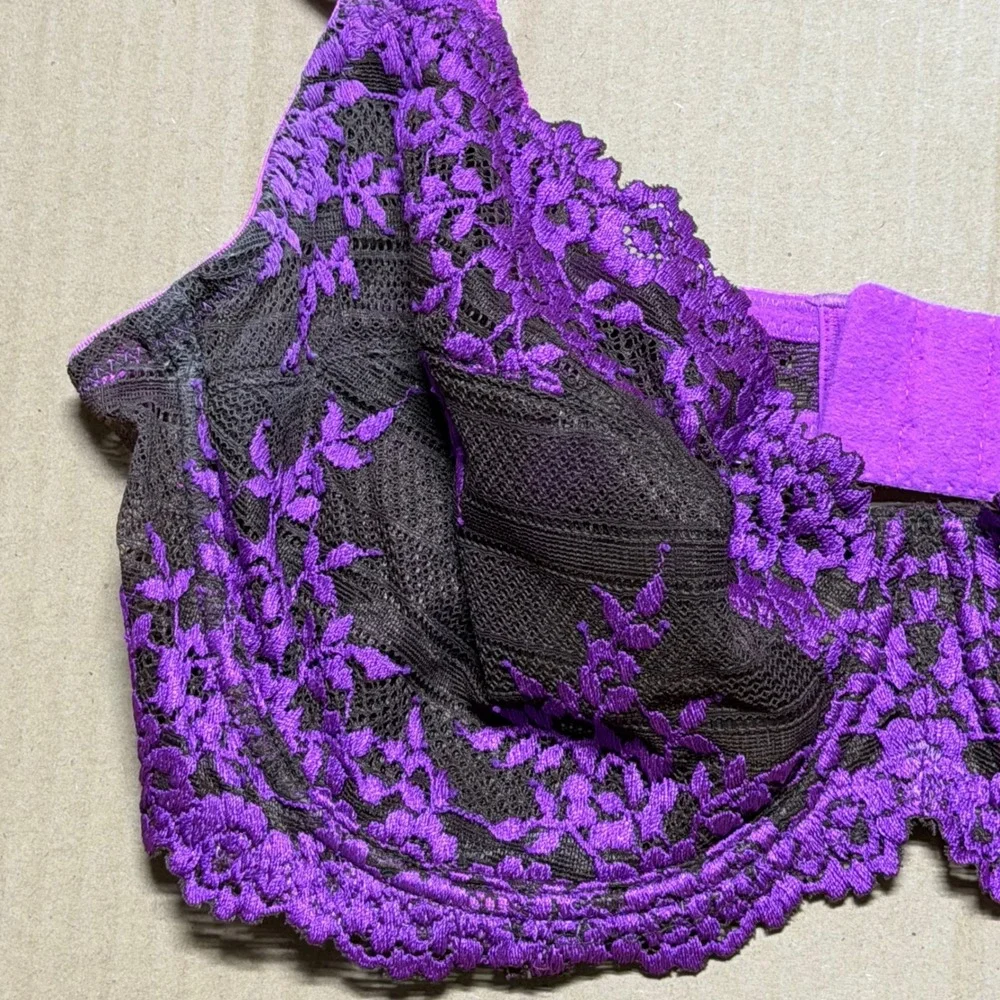Wacoal Retro Chic 65191‎ Purple Brown Floral Lace Underwire Bra 36D Full Figure